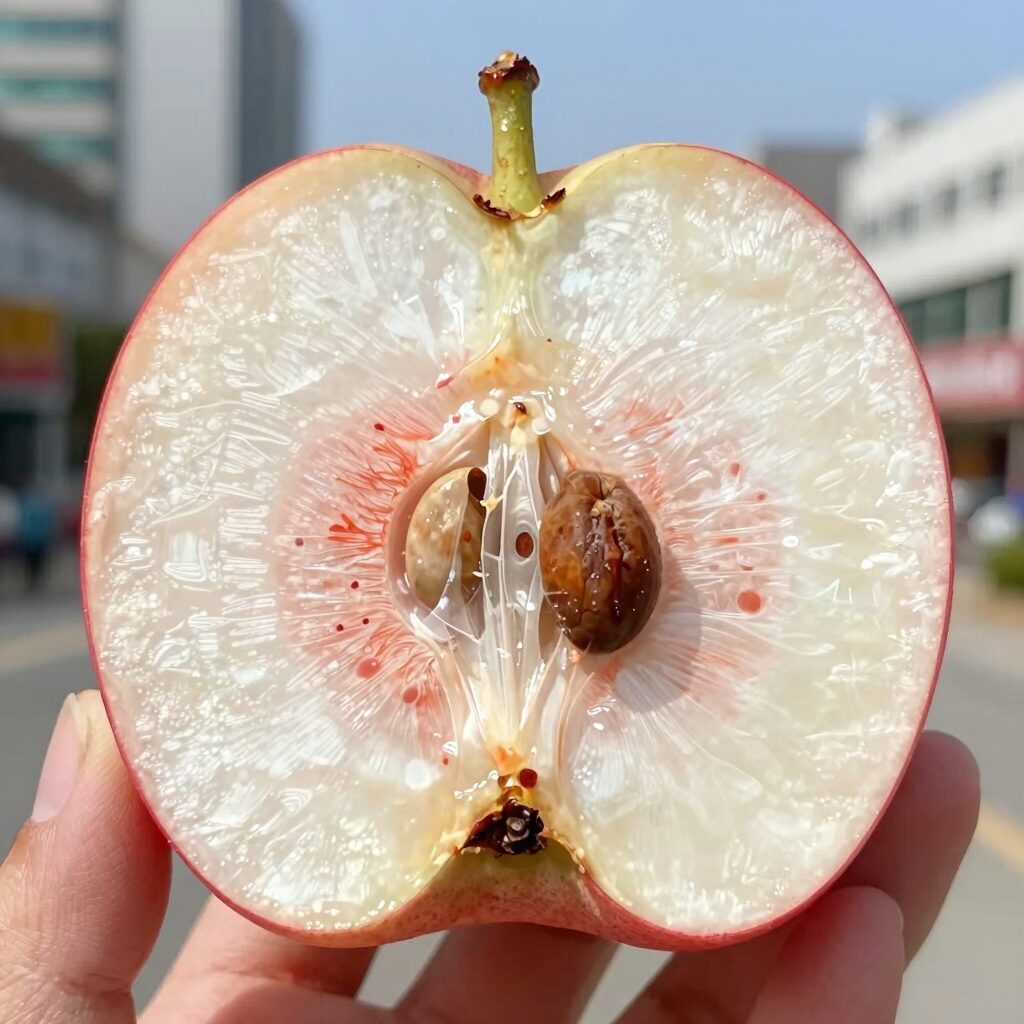 아삭하고 단단한 차돌복숭아 단면, 하얀 과육에 붉은 무늬가 보인다