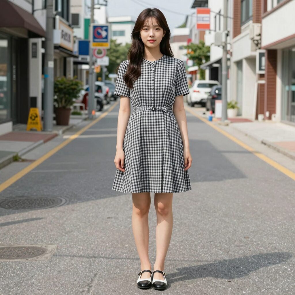 여름 고방체크 원피스 스타일링 예시