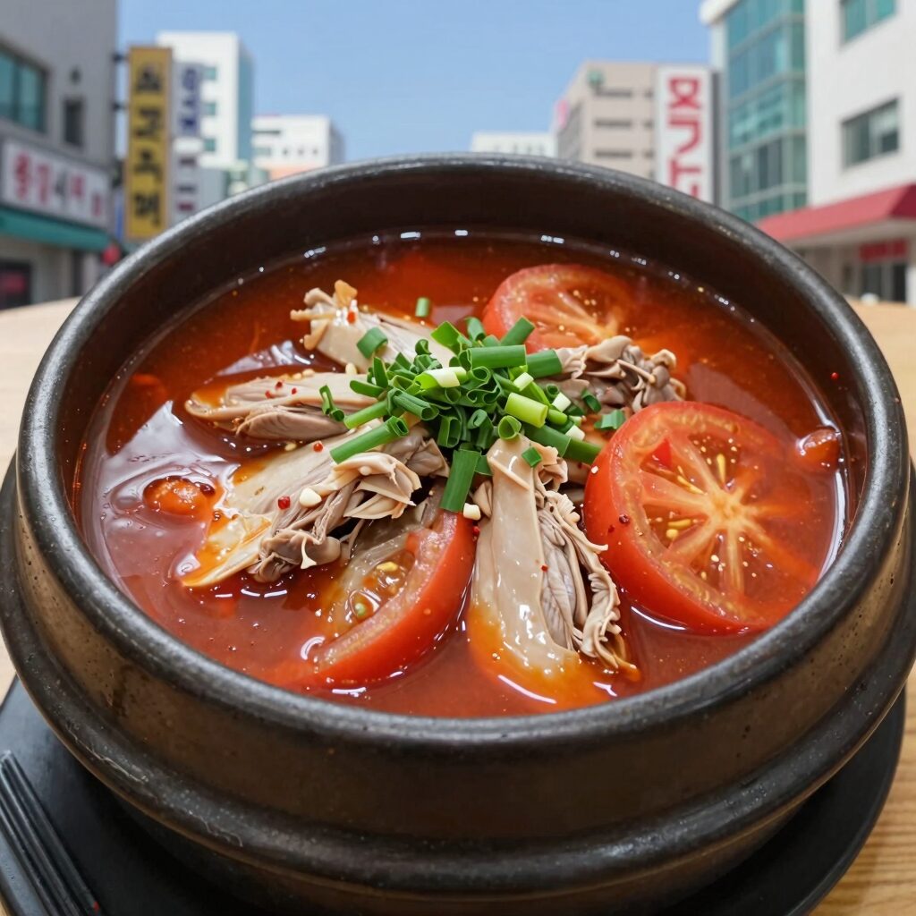 초계국수 그릇에 담긴 닭고기 오이 토마토 겨자소스 올린 모습