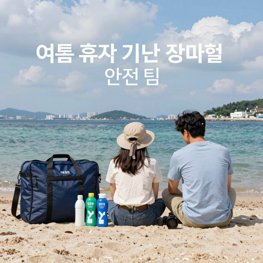 여름 휴가 기간 장마철 섬 여행 준비물과 안전 팁을 담은 이미지, 푸른 바다와 구름이 있는 풍경