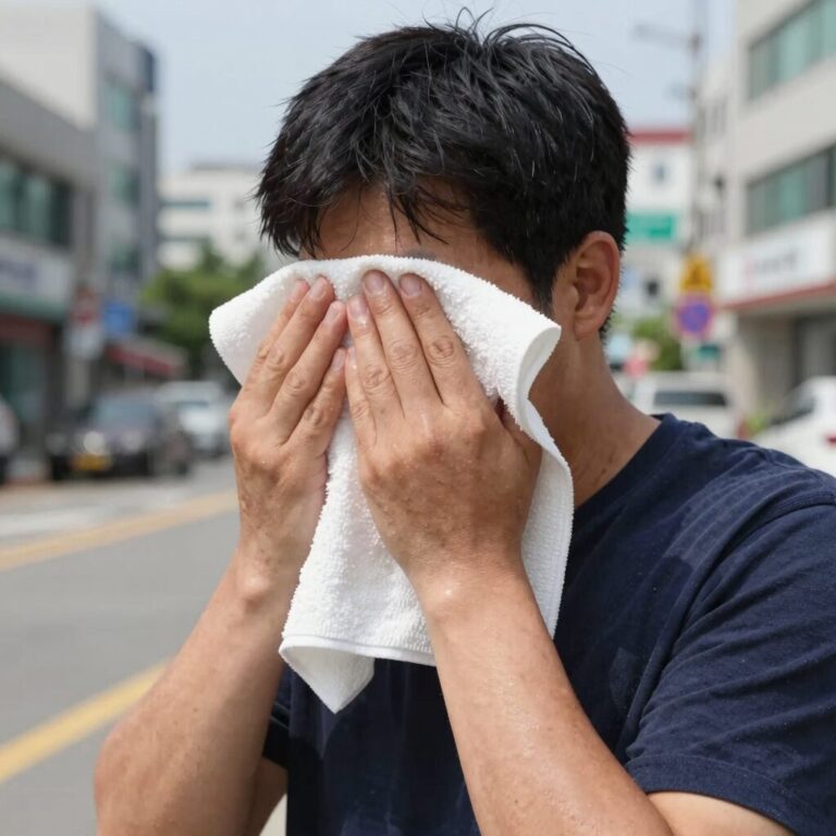 여름철 두드러기 진정을 위해 시원한 물수건으로 팔을 감싸는 모습
