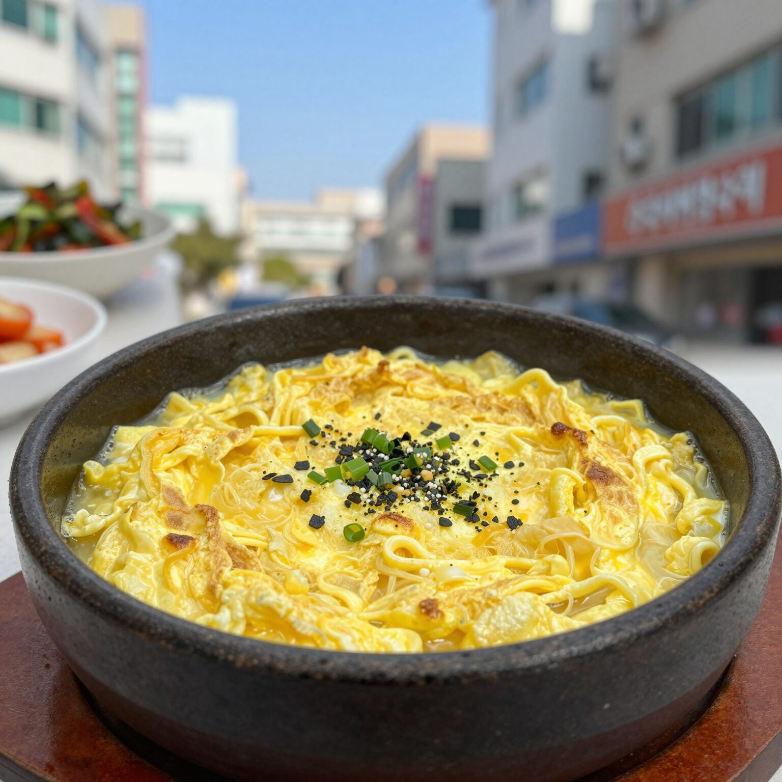 전자레인지 계란찜과 여러 가지 반찬이 담긴 식판
