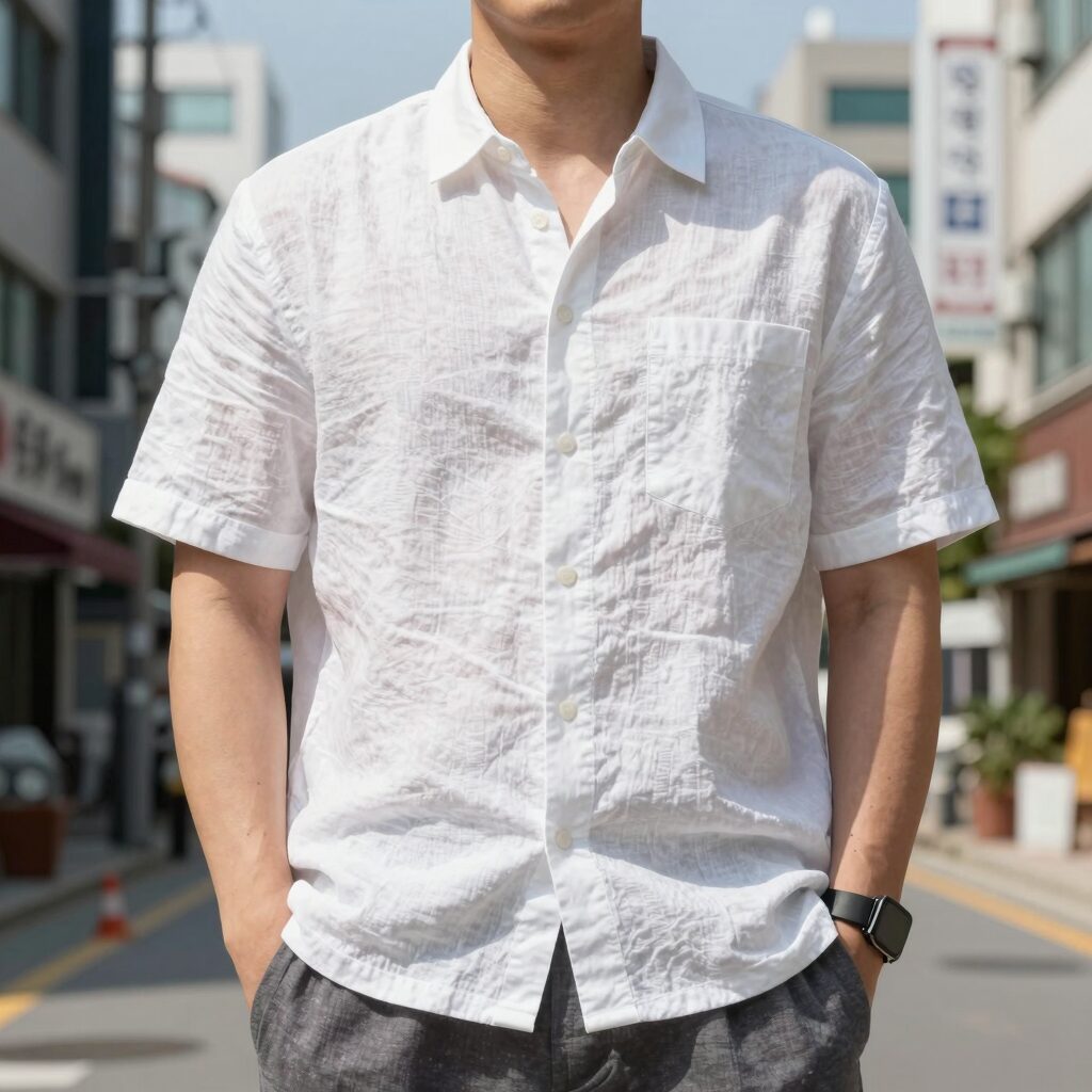 여름 휴가를 맞아 시원한 린넨 셔츠와 반바지 차림의 남성