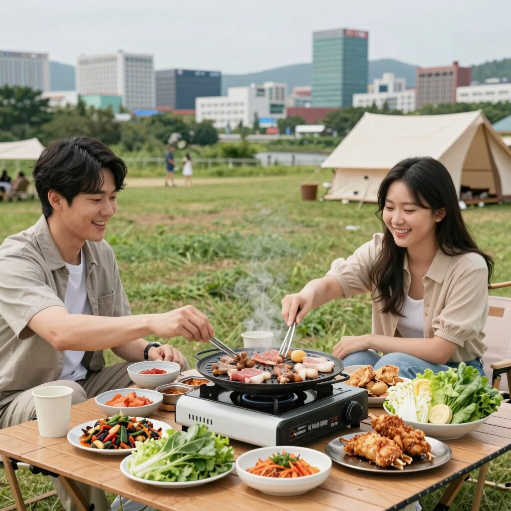 여름휴가 음식 캠핑 바베큐와 해외 음식 접시