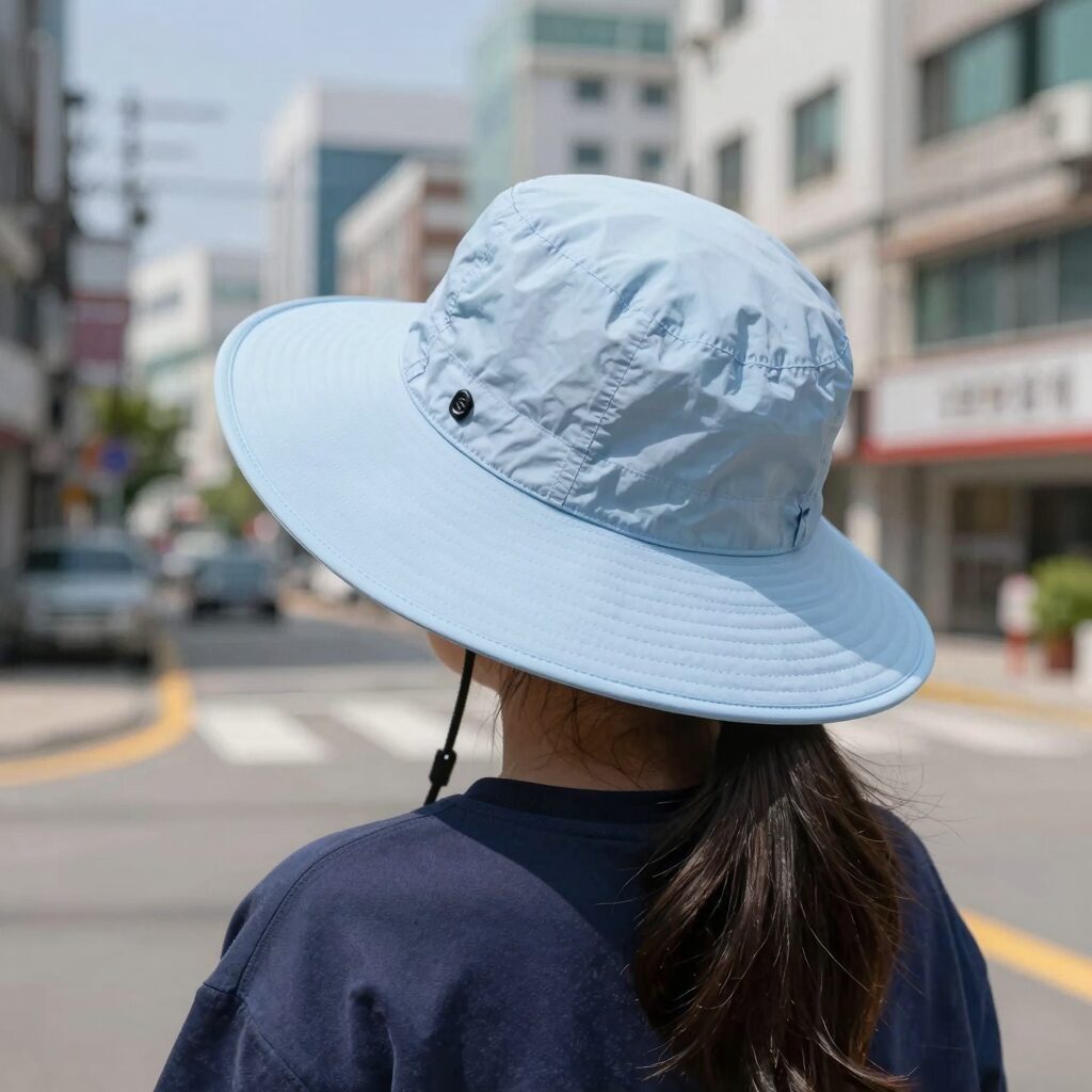 썬글레이드 UV 와이드 아쿠아 플랩캡을 착용한 아이의 뒷모습