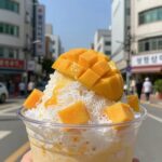 성심당 빙수 생망고빙수 솔직한 후기 성심당 테라스키친 생망고빙수 접시에 담긴 모습, 망고와 빙수 얼음 그리고 팝핑보바가 보인다