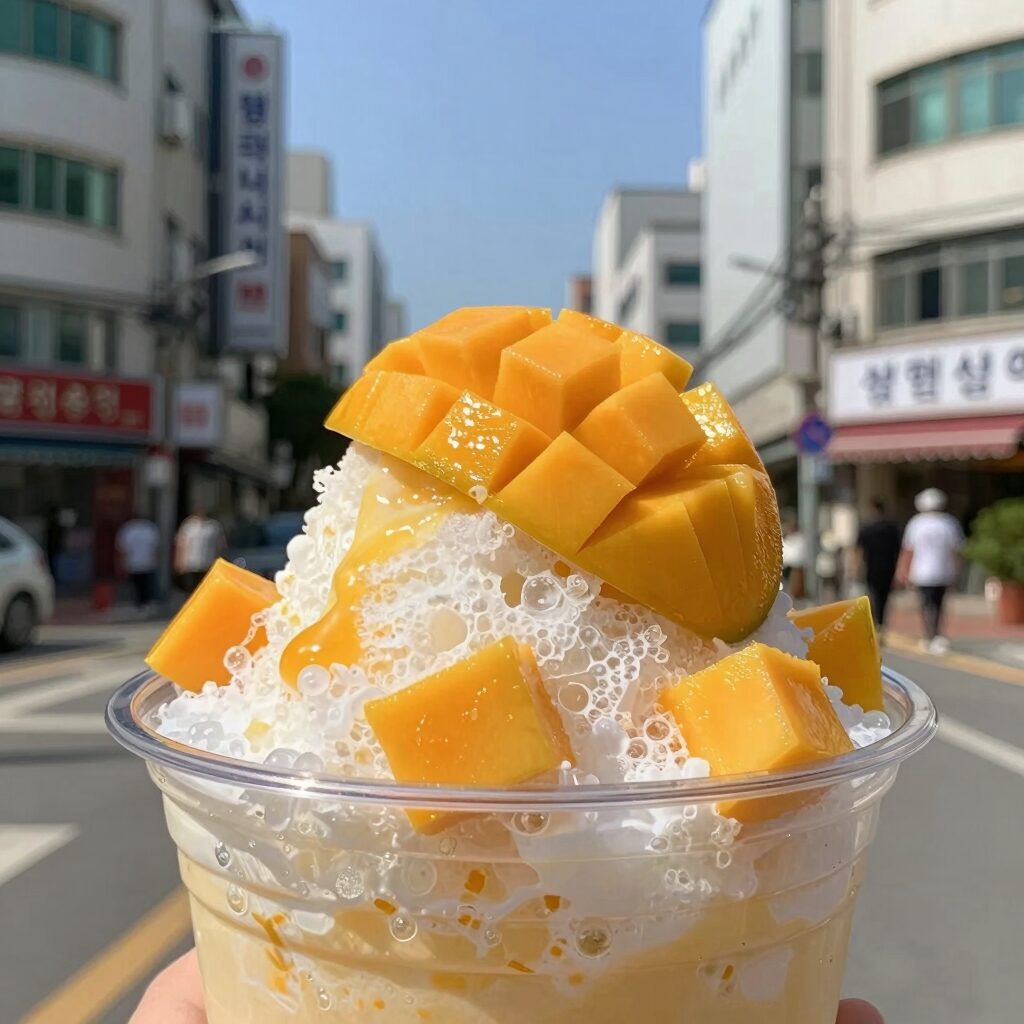 성심당 테라스키친 생망고빙수 접시에 담긴 모습, 망고와 빙수 얼음 그리고 팝핑보바가 보인다