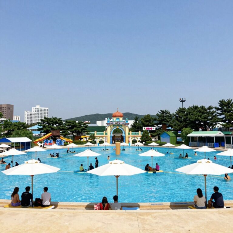 전남 순창 썬웨이어드벤처 워터파크 전경으로 다양한 슬라이드와 유수풀 카바나가 보인다