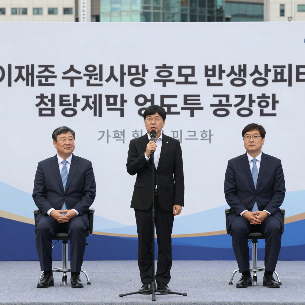 이재준 수원시장 후보 반값생활비와 첨단과학 연구도시 공약 발표 기자회견 장면