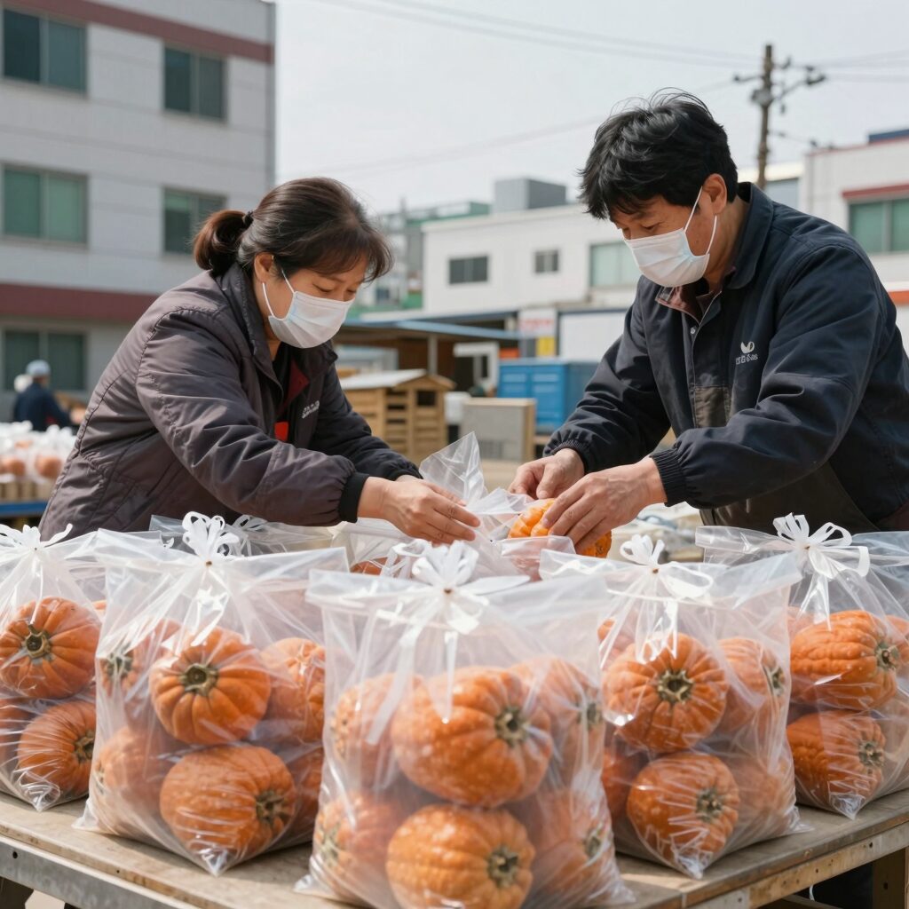 단호박 보관을 위해 찐 후 냉동 팩에 소분하는 모습