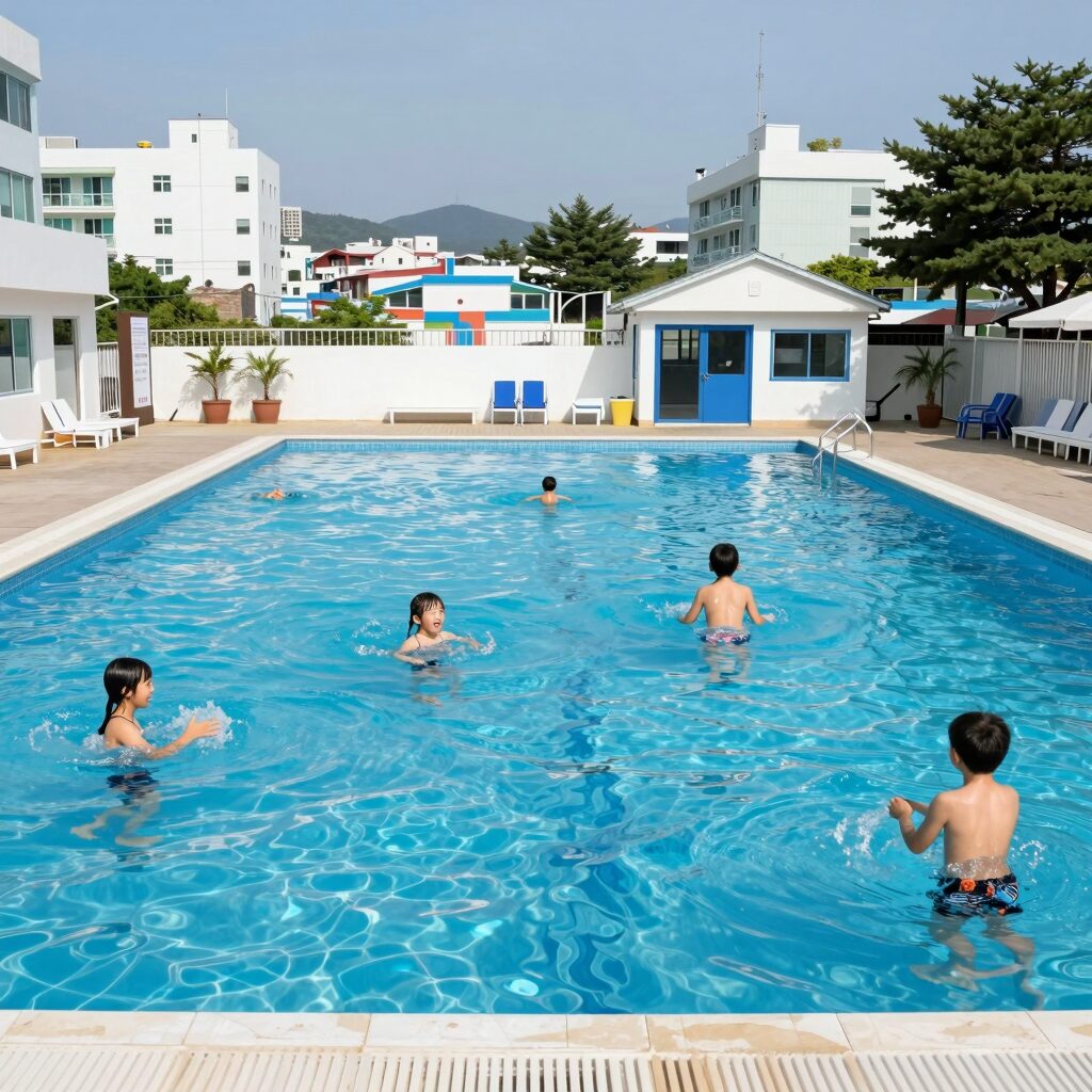 태안 수영장 펜션 야외 수영장에서 아이들이 즐겁게 노는 모습
