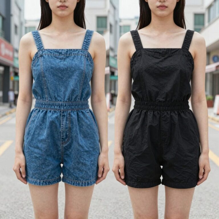 TBJ 데님 숏과 3부 반바지 두 벌을 함께 찍은 사진. 왼쪽은 청록빛 데님, 오른쪽은 블랙 컬러의 면 반바지로 주름 디테일이 돋보인다.