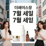 더페이스샵 7월 세일 할인 행사 포스터에 다양한 제품들이 표시되어 있다.
