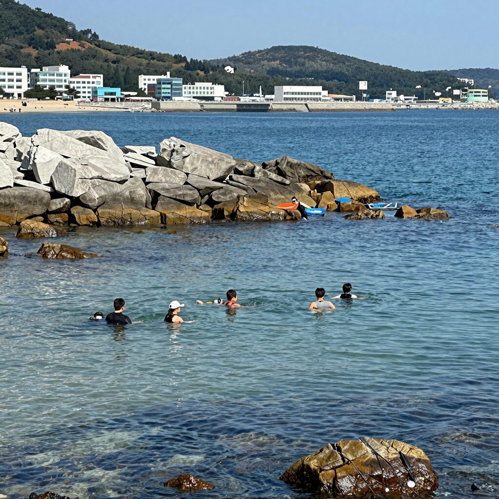 통영 욕지도 유동해변에서 스노쿨링을 즐기는 사람들, 맑은 바다와 바위가 보임