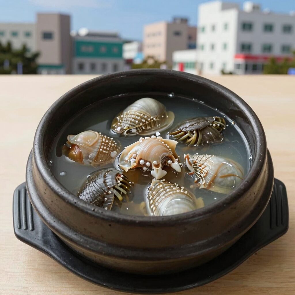 완도전복으로 만든 따뜻한 전복죽 그릇이 테이블 위에 놓여 있다