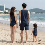나일론과 스판덱스 혼방 물놀이 옷이 해변에서 펼쳐져 있는 모습