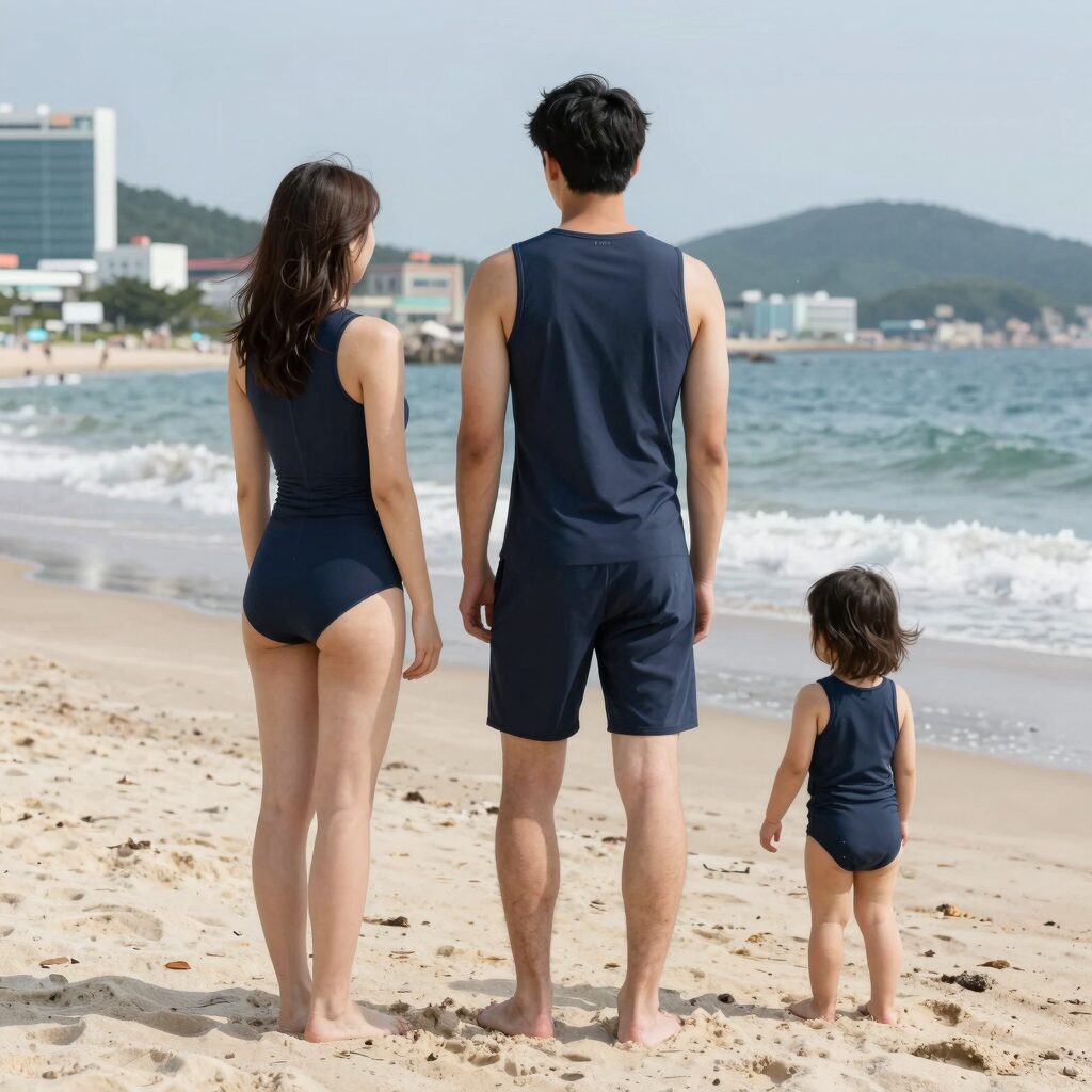 나일론과 스판덱스 혼방 물놀이 옷이 해변에서 펼쳐져 있는 모습