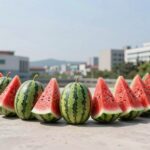 여름 파티를 위한 수박 가랜드 완성품 사진. 빨간 속살과 초록 줄무늬가 선명하고 솜으로 볼륨을 줬다
