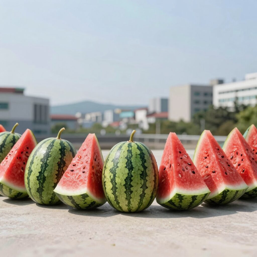 여름 파티를 위한 수박 가랜드 완성품 사진. 빨간 속살과 초록 줄무늬가 선명하고 솜으로 볼륨을 줬다
