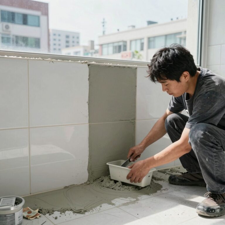욕실 타일 줄눈에 백시멘트를 채우는 셀프 시공 과정