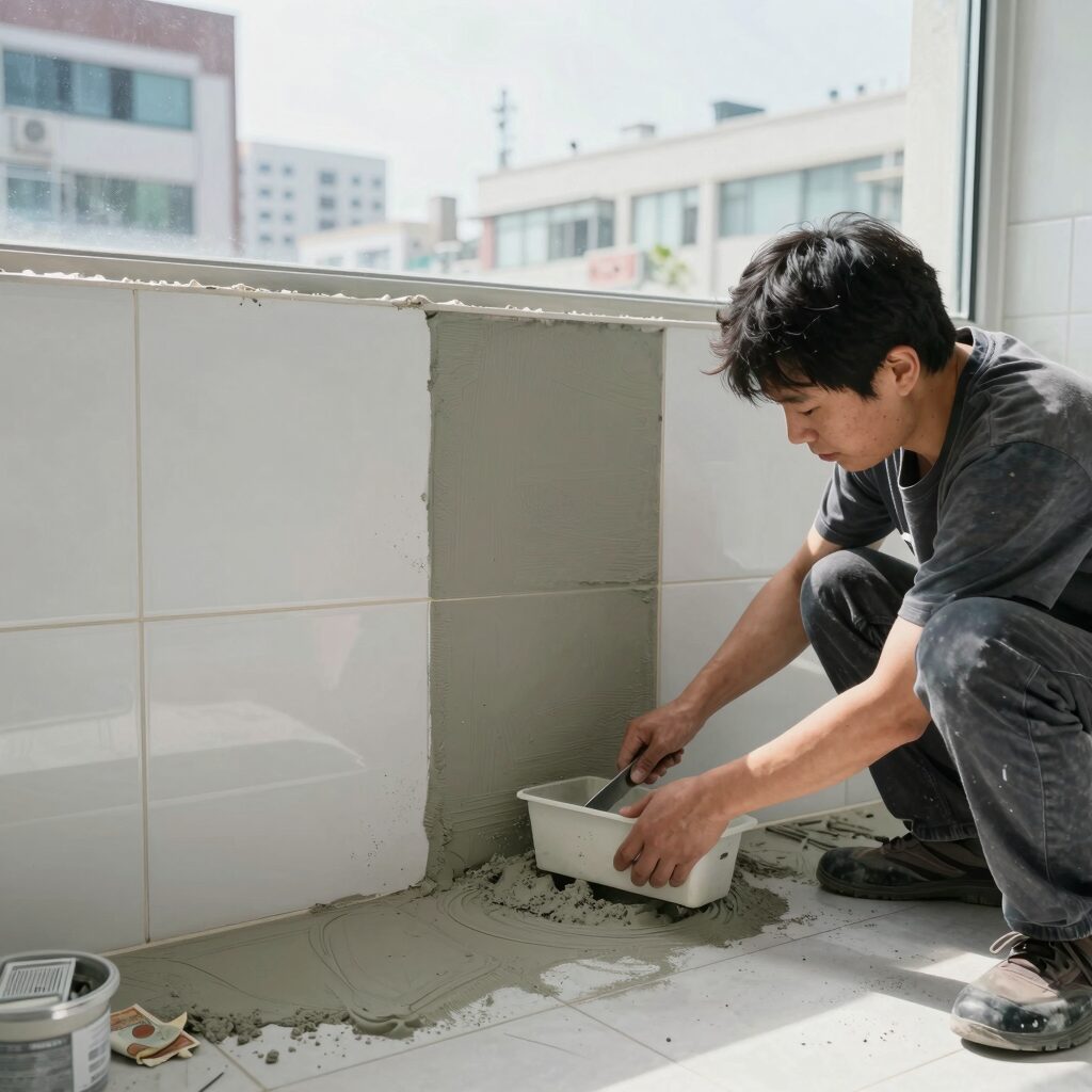 욕실 타일 줄눈에 백시멘트를 채우는 셀프 시공 과정