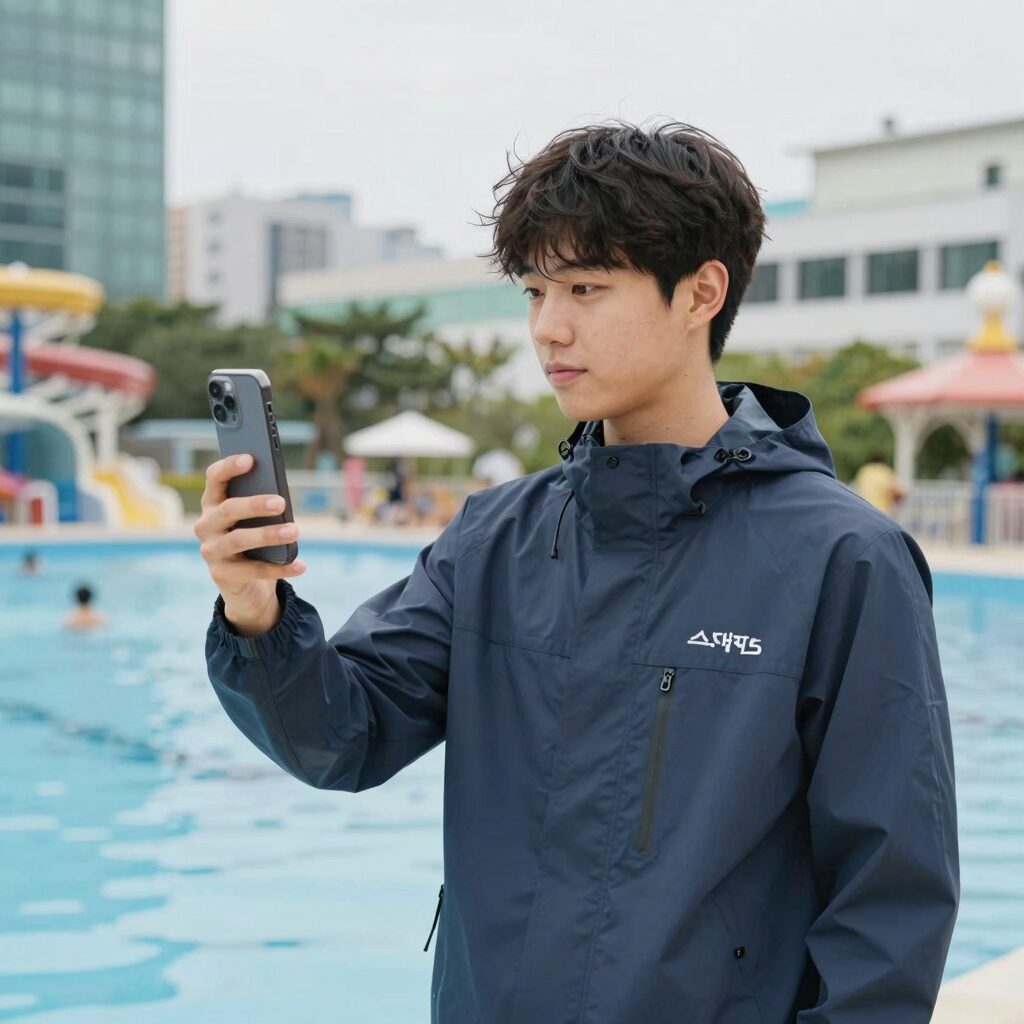 여름 워터파크에서 스네프 방수 힙색을 착용한 모습. 손에 든 핸드폰이 투명창을 통해 터치 가능함을 보여준다.