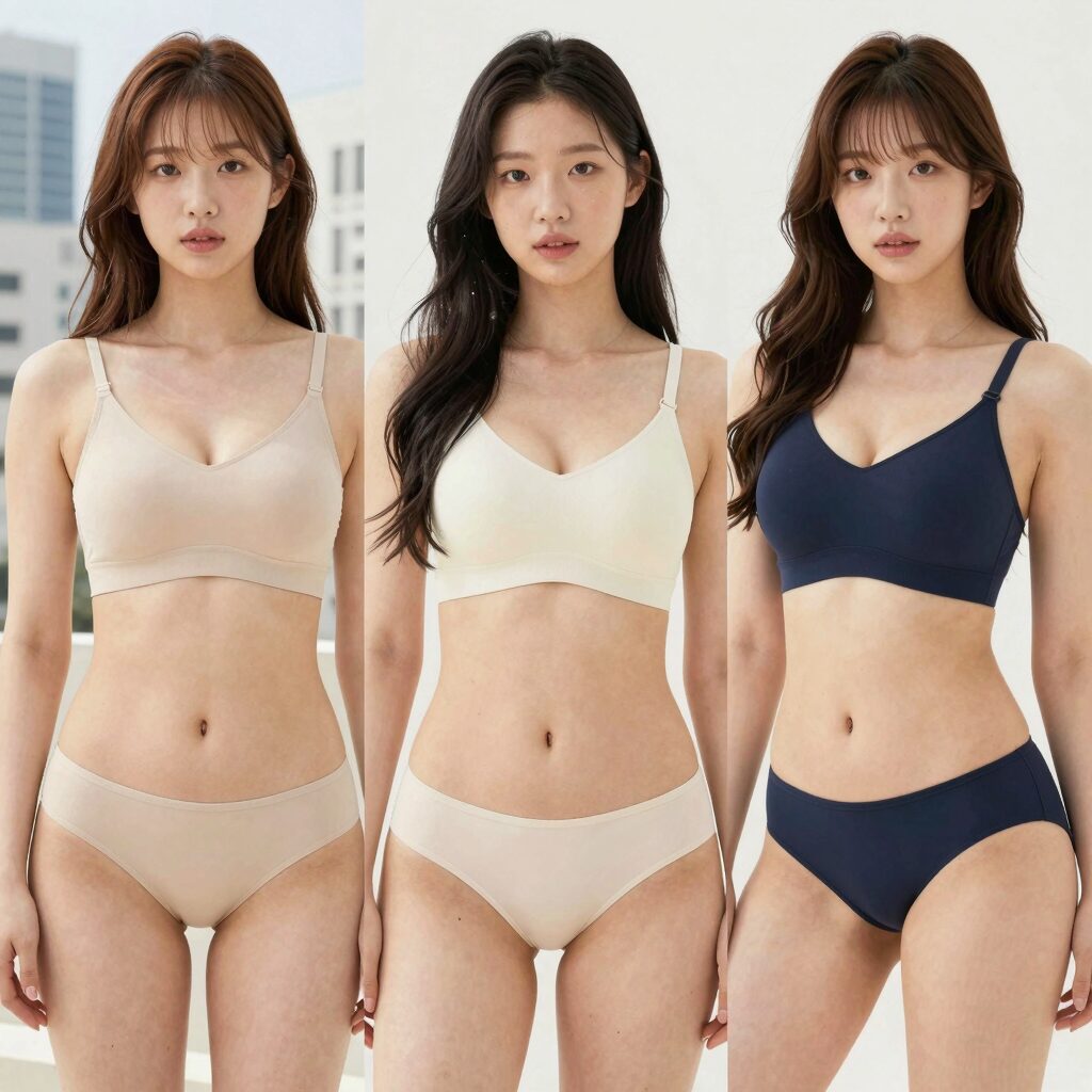 여성 래시가드 세트 다양한 디자인과 컬러를 보여주는 사진