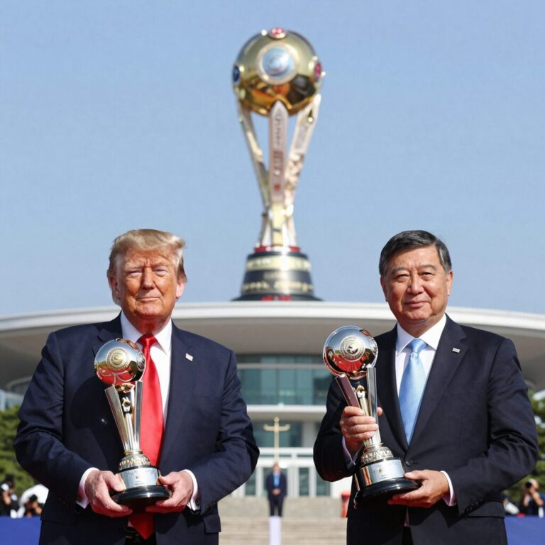2026 월드컵 결승 시상식에서 트럼프 대통령과 인판티노 회장이 트로피를 들어 올리는 장면
