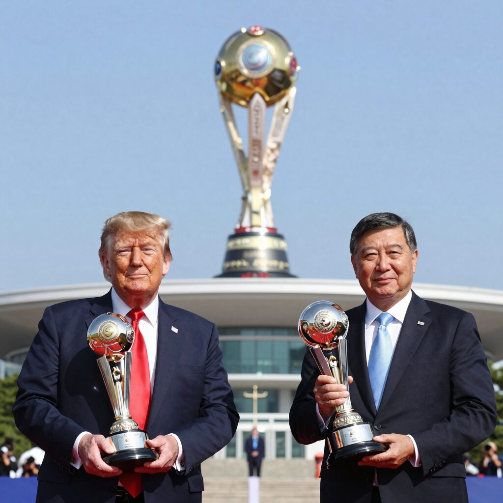 2026 월드컵 결승 시상식에서 트럼프 대통령과 인판티노 회장이 트로피를 들어 올리는 장면