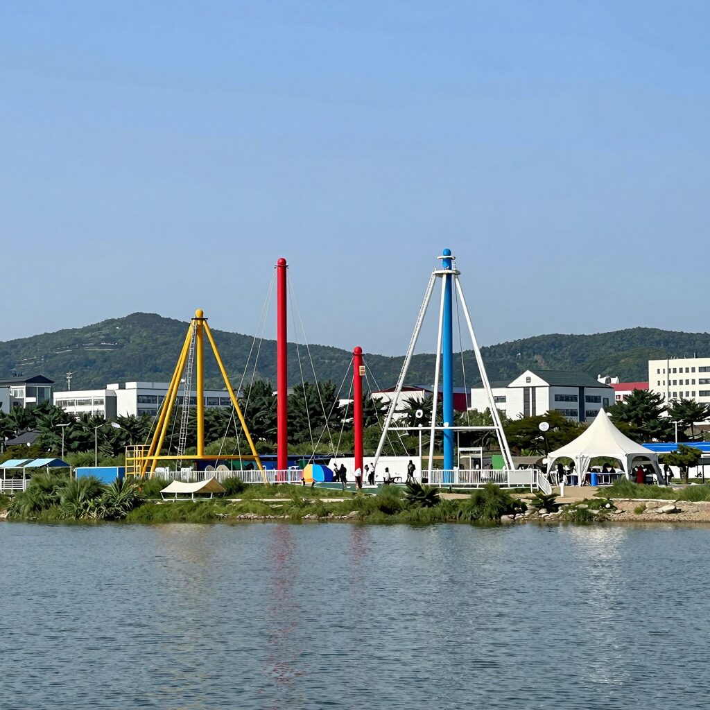양평 현대수상레저 수상레저 시설 전경으로 다양한 놀이기구와 강변 풍경