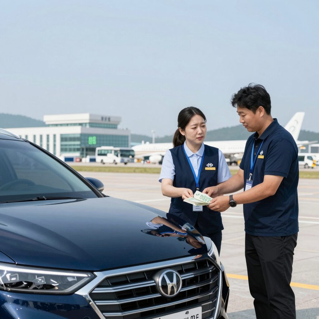 양양공항 1층에서 현대관광렌트카 직원이 차량 인수를 안내하는 모습