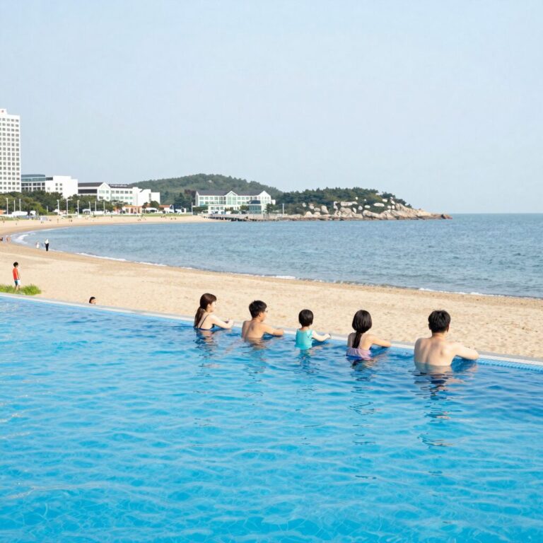 양양 비치펜션의 넓은 수영장 전경으로 가족 단위 여행객이 물놀이를 즐기고 있다