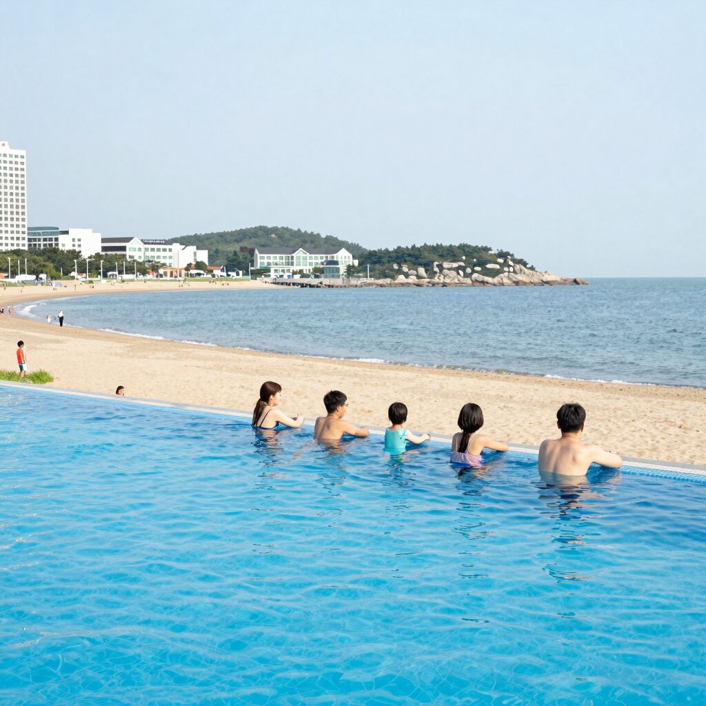 양양 비치펜션의 넓은 수영장 전경으로 가족 단위 여행객이 물놀이를 즐기고 있다
