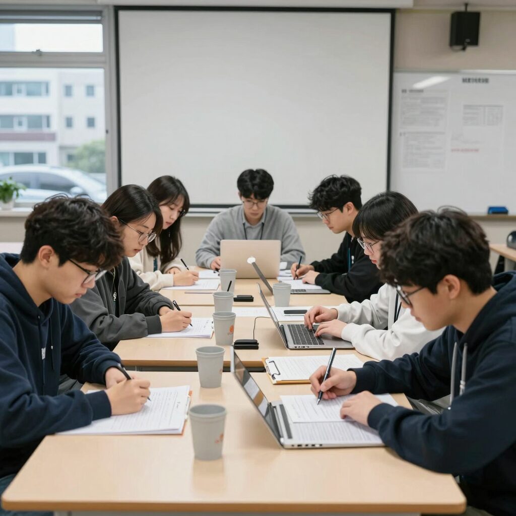 대학생 팀이 HSAD YCC 공모전을 위해 아이디어 브레인스토밍을 하는 장면