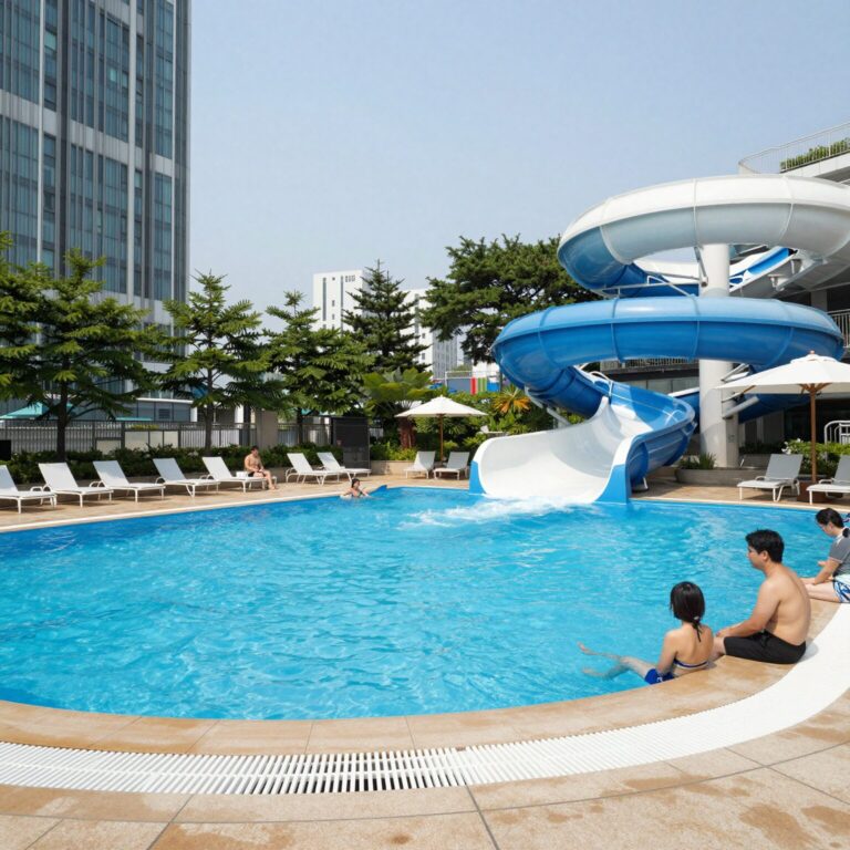 영광리조트 수영장 전경 넓은 풀과 워터슬라이드