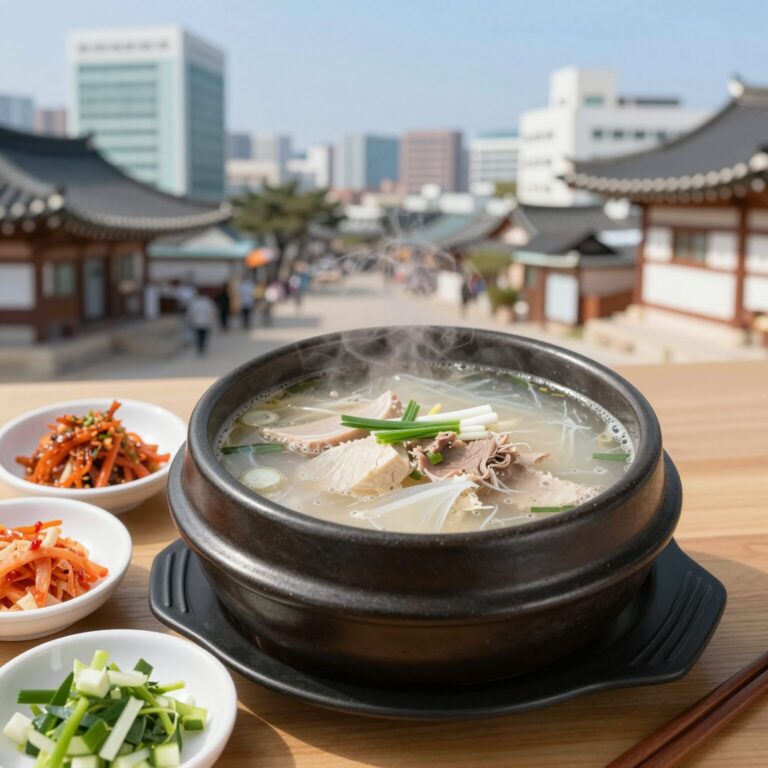 연화정삼계탕 뚝배기에 담긴 맑고 깔끔한 삼계탕과 기본 반찬들