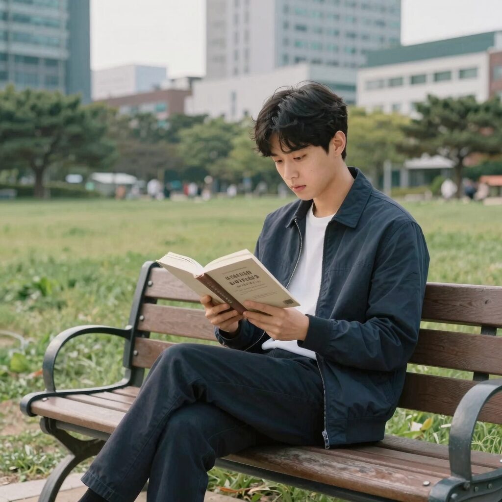 유노윤호가 공원 벤치에서 책을 읽고 있는 모습을 표현한 그림