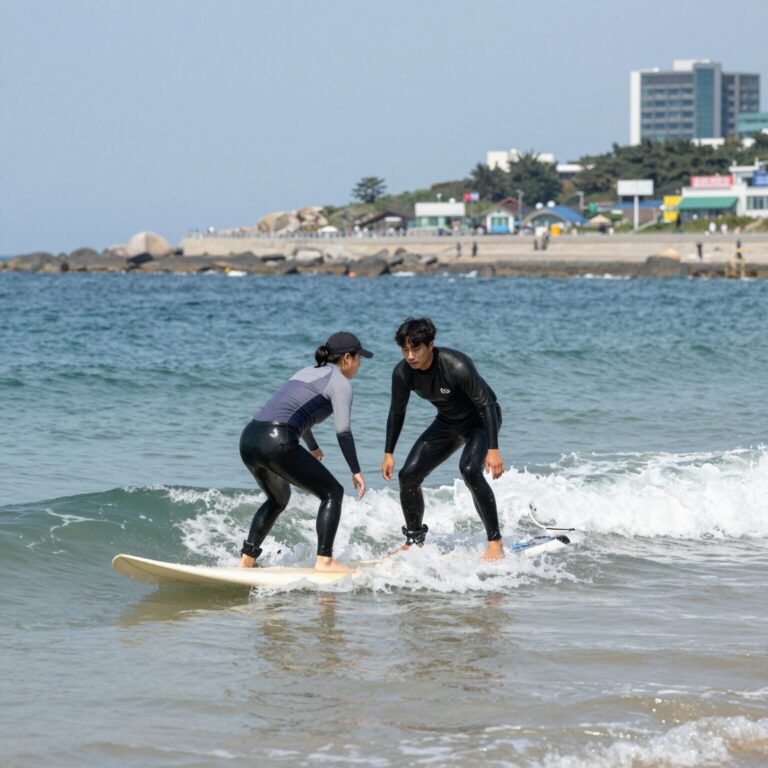 금진해변 앞 바다에서 서핑 강습을 받는 여행자