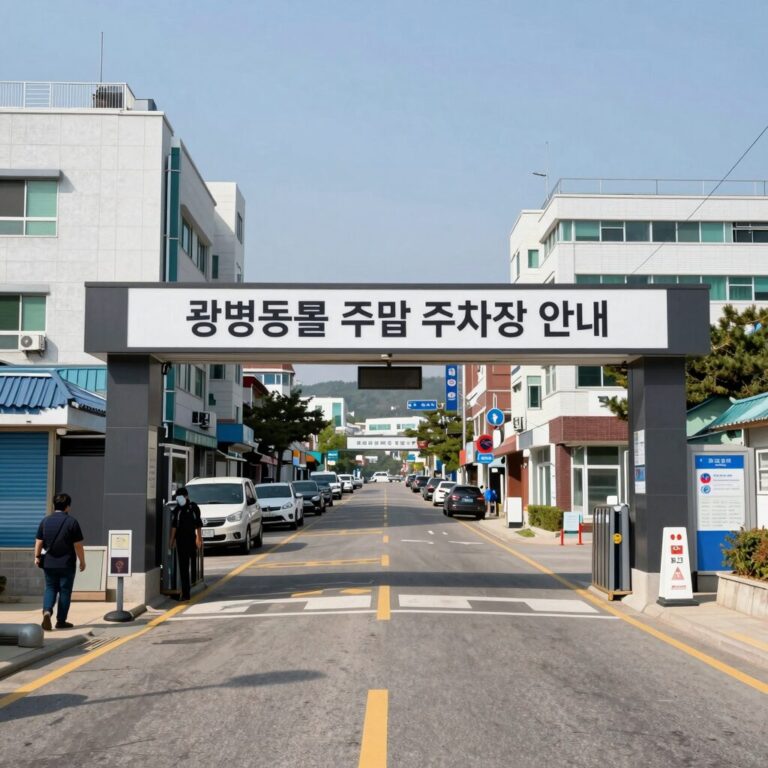 광명동굴 주말 주차장 안내 표지판과 입구 진입 도로 전경