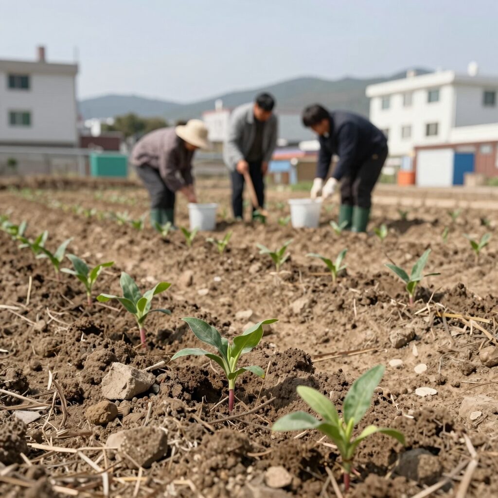 고들빼기 심는시기에 파종한 어린 고들빼기와 텃밭 흙