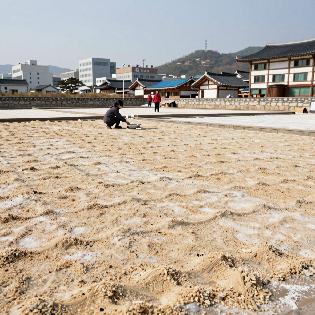 햇볕에 널어 건조하는 감물염색 원단 모습